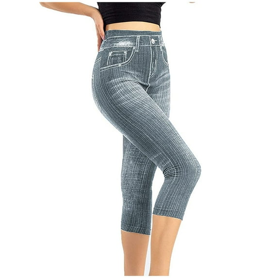 Dtydtpe leggings for women Women's Capris Imitation Jeans Leggings High Waist Elastic Leggings cargo pants women Grey