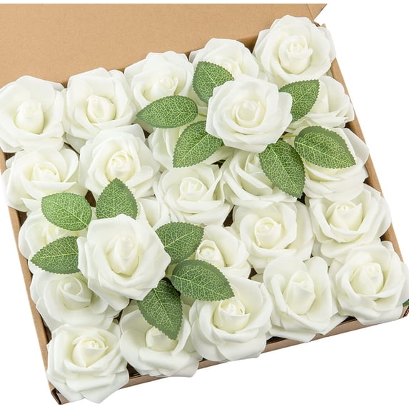 DuHouse 25Pcs Foam Artificial Roses Fake Roses with Stems Real Touch for DIY Wedding Bouquet Baby Shower Centerpiece Floral Arrangement Party Home Decor(Cream)