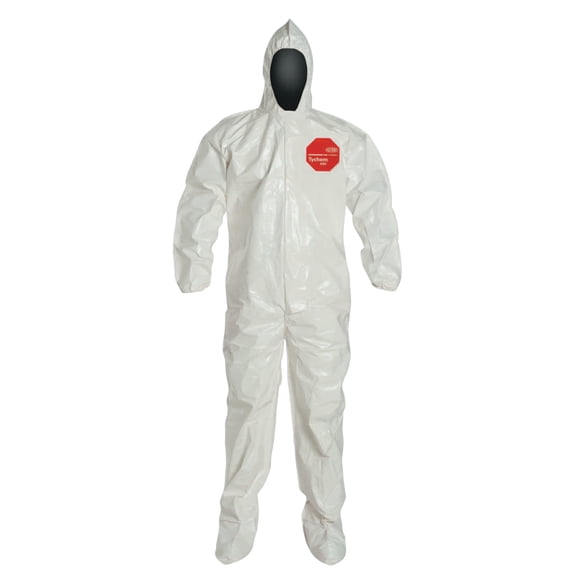 DuPont Tychem SL Coveralls attacheD/Socks, 3XL, Hood/Boots, Elastic Wrists, Zip