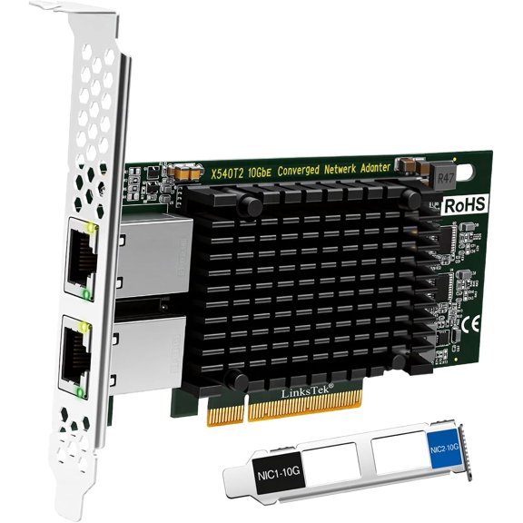 Dual 10GbE RJ45 Ports Converged Ethernet Adapter for Servers and Desktop PCs. Intel X540AT2 10Gb/s Ethernet Controller, PCIE x8 to 2X 10Gb/s RJ45 Ports NIC Card, for Storage & Gaming (X540T2)