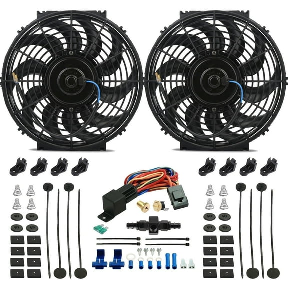 Dual 12-13 Inch 90w Electric Cooling Fans In-Hose Fitting Thermostat Switch