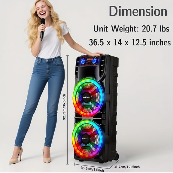 Dual 12" Portable BT Wireless Party Speaker - Powerful Bass, Loud Sound, RGB Light Show, EQ Controls (Treble/Bass/Delay/Volume), Lightweight for Outdoor/Indoor Party Events Karaoke PA System