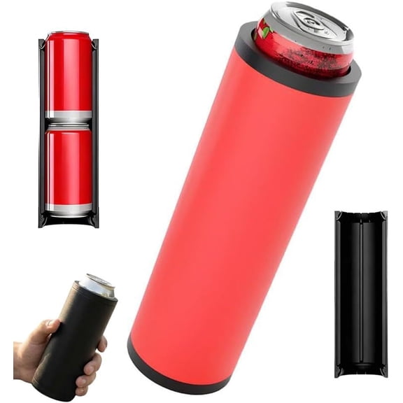 Dual 12oz Can Insulated Holder, Portable Double Stack Soda Beer Cooler Sleeve with Auto Slide Reload, Removable Screw Lids Lightweight PLA Drink Container for Tailgate Party Travel