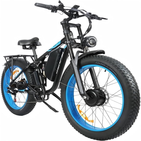 Dual 1500W Electric Fat Tire Bike 26*4.0, 52V 32AH Lithium Battery Aluminum Frame Lockable Dual Suspension Hydraulic Disc Brake Shimano 7 Speed Off Road Snow Beach Adult E-Bike