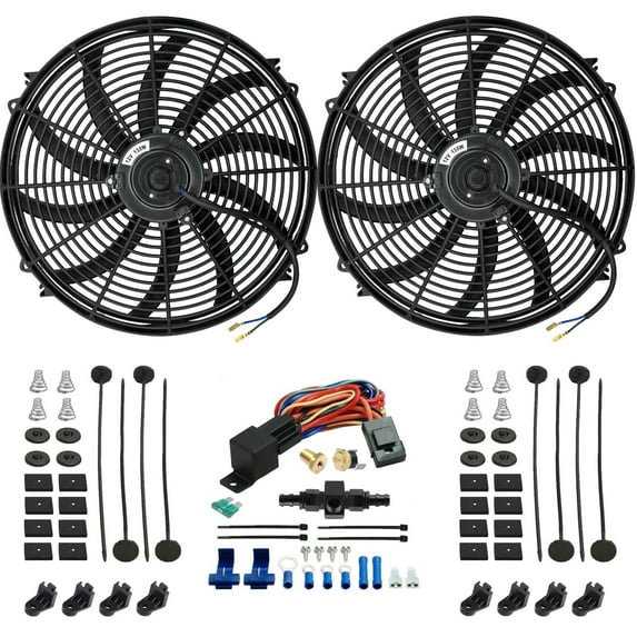 Dual 16-17 Inch Electric Radiator Fans In-Hose Thermostat Temp Switch Kit
