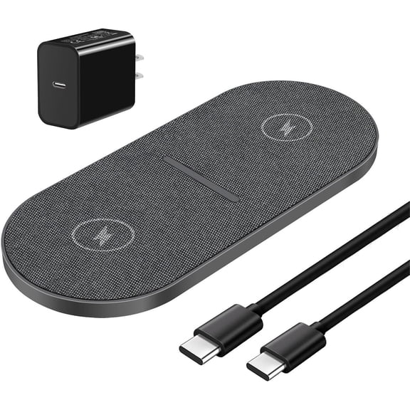 Dual 20W Wireless Charging Pad, Fast Wireless Charger with Adapter for iPhone 17 Pro max/17 Air/16/15/14/13/12/11/XS/XR/8 Plus,Air pods,Samsung Galaxy S25/S24/S23/S22/S21,Note20/10,Galaxy Buds,Gray