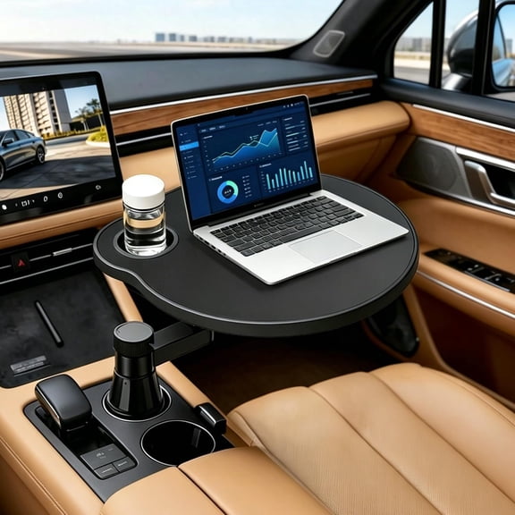 Dual 360 Rotation Car Tray, Non-Slip Leather Laptop Desk for Tesla Model Y/3/S, Ford F150, Steering Wheel Workstation