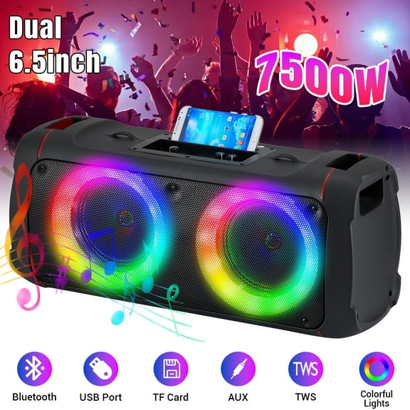 Dual 6.5" Portable Bluetooth Speaker with LED Lighting, Portable & Durable, with Built-in Handle, Black