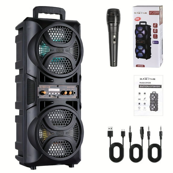 Dual 6.5" Portable Speaker, Wireless Sub Woofer Heavy Bass Sound System, Stereo Receivers, with LED Lights, Mic, for Outdoor RV Party