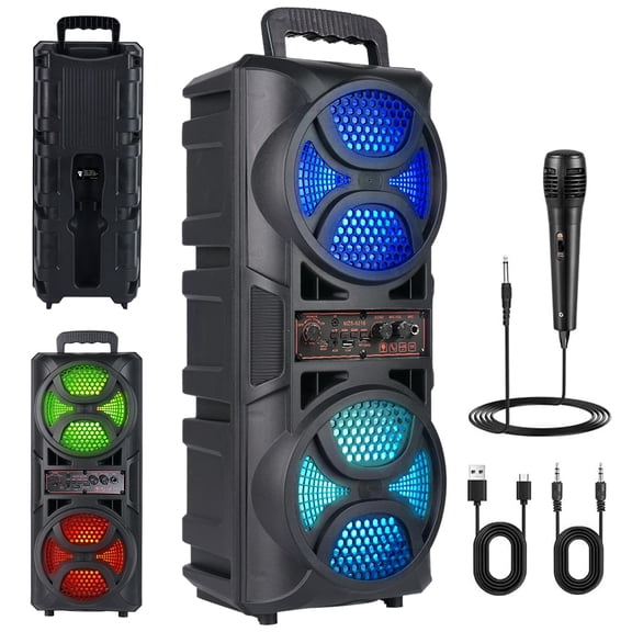 Dual 6.5" Sub Woofer Bluetooth Party Speaker, Heavy Bass, DJ RGB Lights, TWS Karaoke, FM Radio, USB/TF/AUX Inputs, 1800mAh Battery, 3-5H Play Time, Loud Sound System for Party, Home, Outdoor