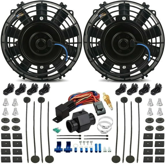 Dual 7-8 Inch 90w Electric Fans In-Hose Grounding Thermostat Switch Kit