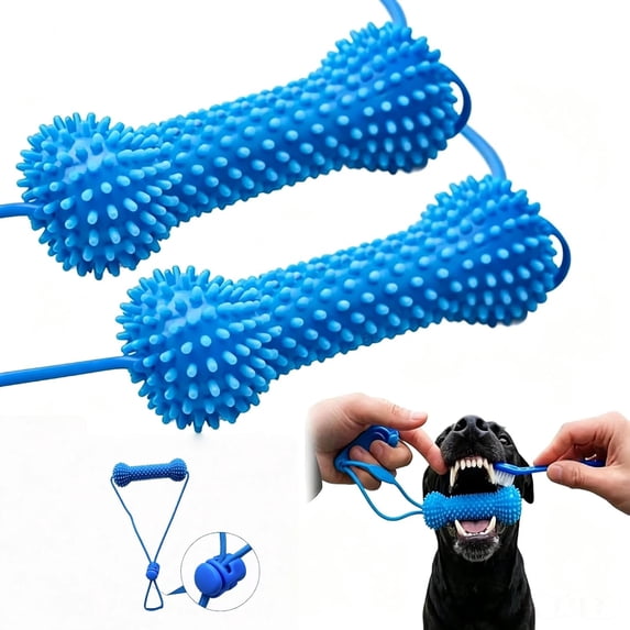 Dual-Action Canine Dental Prop, Dog Chew Toy with Rope, Durable Rubber Bone Toy for Teeth Cleaning & Tug of War, Suitable for Small Medium Large Dogs (2pcs)