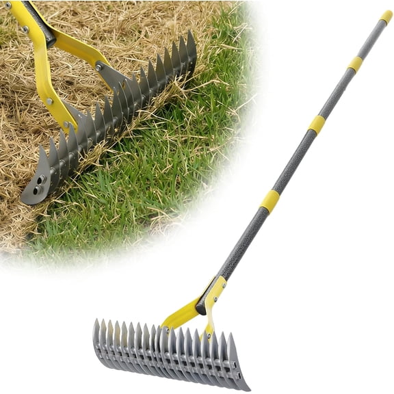 Dual-Action Dethatcher Rake - 19-Tine, Heavy Duty Landscaping Rake, Adjustable Thatch Rake with 40-57 inch, Metal Rake, Turf Rake for Artificial Grass, Cleaning Dead Grass, Soil Loosening & Yard Care