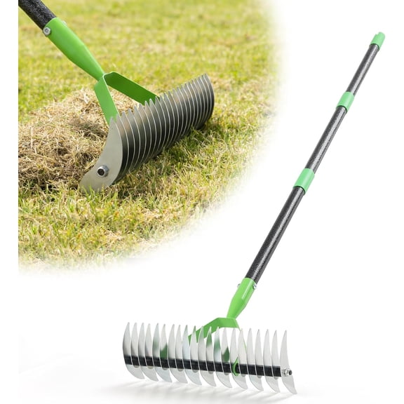 Dual-Action Dethatcher Rake - 21-Tine, Adjustable Long-Handle Landscaping Rake with 55", Heavy Duty Thatch Rake,Turf Rake for Artificial Grass, Metal Rake for Spring Lawn Care, Soil Aeration