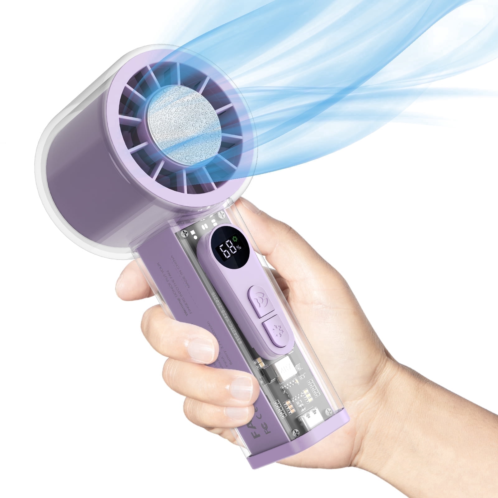 Handheld Turbo Fan with Ice Cooler, Transparent Design, Dual Airflow, 5000mAh Rechargeable Battery, 6-Speed