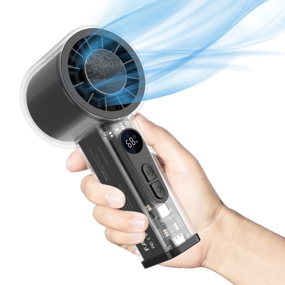 Handheld Turbo Fan with Ice Cooler, Transparent Design, Dual Airflow, 5000mAh Rechargeable Battery, 6-Speed