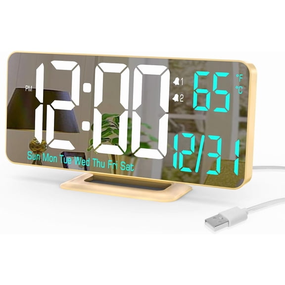 Dual Alarm Clock 6.7in Gold Desk Clock with Dimming, 12/24h, Seconds, Date, Day of Week, Temp, Digital LED Clock for Bedroom, Digital Calendar Clocks for Living Room Gold Desk Accessories
