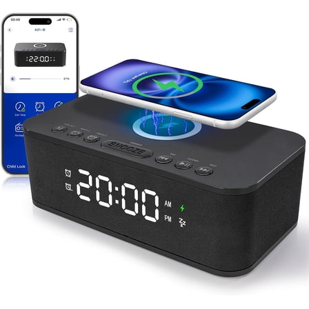 Dual Alarm Clock Radio Bedroom, Digital Alarm Clocks Bedrooms Bluetooth, Up to 10 Bedroom Alarms Clock White Noise 23 Soothing Sounds App/Button Control Snooze 12/24H FM Speaker Charging, Black