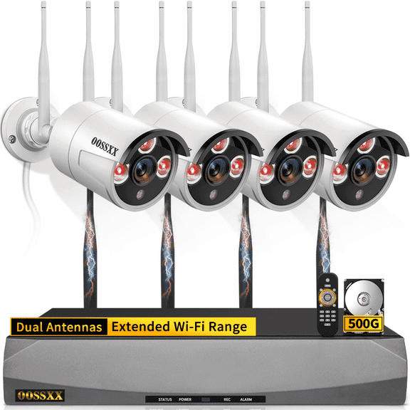 OOSSXX Dual Antennas Wireless Security Camera System, 4 Wireless Cameras for Outdoors with 500G Hard Drive with AI Human Detected