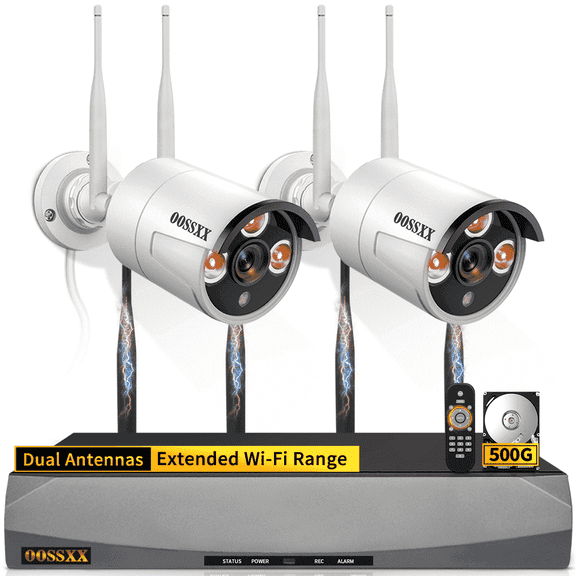 OOSSXX Dual Antennas Wireless Security Camera System, 2 Wireless Cameras for Outdoors with 500G Hard Drive with AI Human Detected
