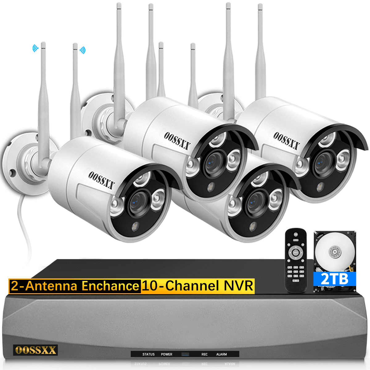 OOSSXX Dual Antennas Wireless Security Camera System, 4 Wireless Cameras for Outdoors with 2TB Hard Drive with AI Human Detected