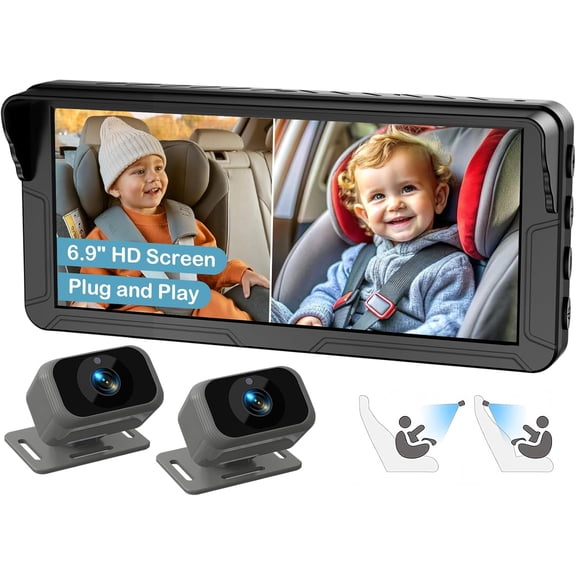 Dual Baby Car Camera for 2 Kids 6.9 Split Screen Ultrawide HD Display with 2 Cameras, IR Night Vision, Easy Installation, Dual Car Camera Baby Monitor for Infant & Toddler Safety