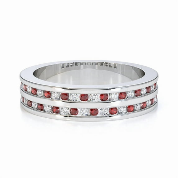 Dual Band Round 2 Ctw Red Garnet & White Topaz Gemstone 925 Sterling Silver Stackable Engagement Ring, Multilayer Dome Wedding Ring_6.5