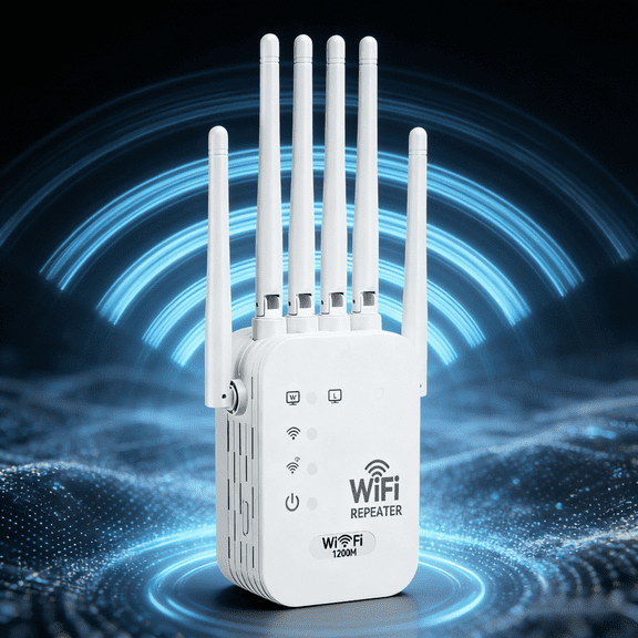 Dual Band WiFi Extender AC1200 with 6 Antennas – Long Range WiFi Signal Booster & Repeater, 2.4GHz/5GHz Internet Extender with Ethernet Port, AP Mode for Home