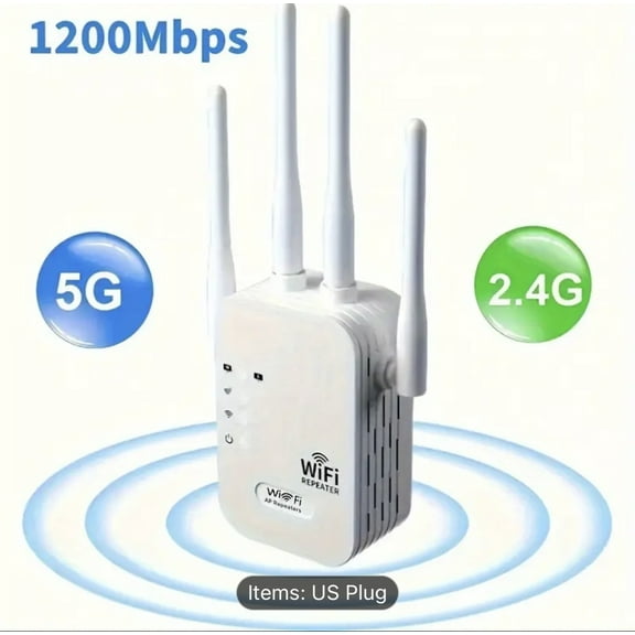 Dual-Band WiFi Extender with 4 Antennas, 1200Mbps High-Speed Internet Booster