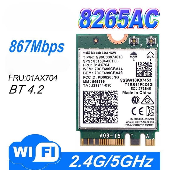 Dual Band Wlan For 8265NGW Wireless-AC 8265 NGFF 802.11ac 867Mbps WIFI 802.11ac Wi-Fi + Bluetooth 4.2 Card 2.4G/5G