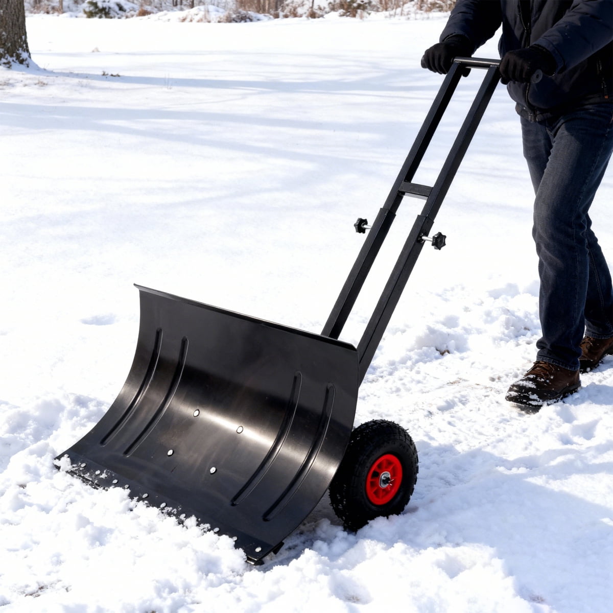 Snow Tools Dual Bar Snow Shovel with Wheels, Snow Pusher, Adjustable Length handle ...