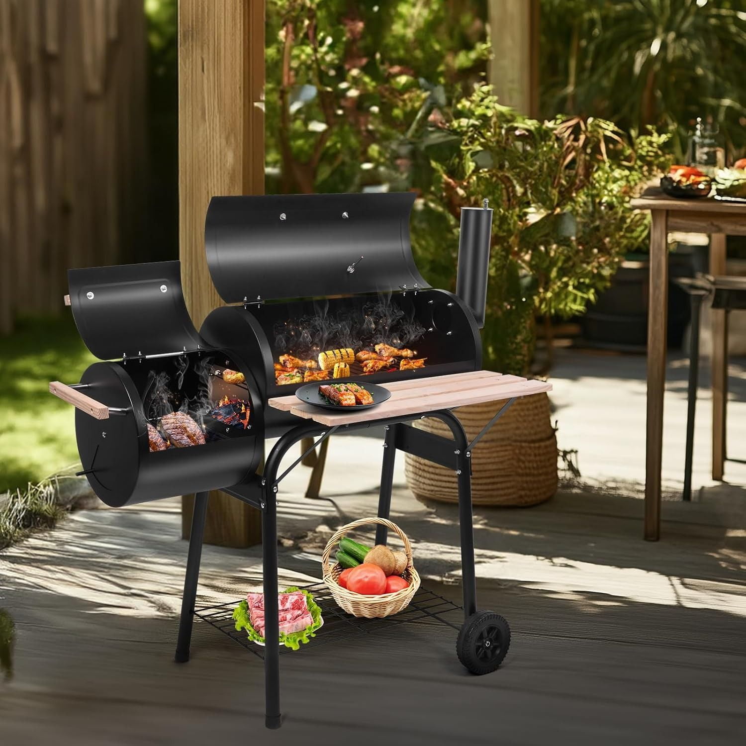 Dual Barrel Charcoal Grill, Painted Stainless Steel High Heat BBQ Grill with Windproof Smoke Stack & Side Handles for Camping Backyard Picnic