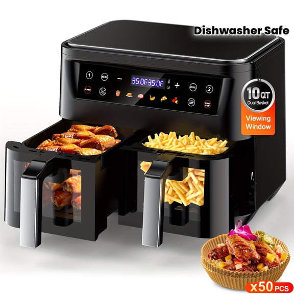 10Qt 10-in-1 Dual Air Fryer with Double Baskets & Sync Cook/Finish - Bake, Roast, Reheat, Broil for Family Meals - Dishwasher Safe, Includes 50 Liners - Christmas Gift