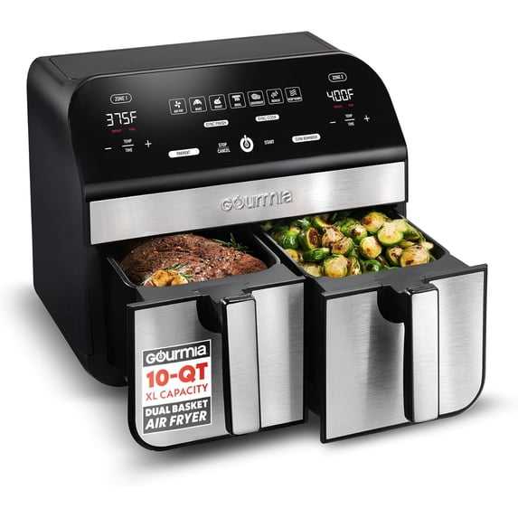 Dual Basket Air Fryer - 10 Qt Large Capacity, FryForce360º, Digital Display with 7 Presets, Roast, Bake, Broil, Dehydrate, Match Cook, Sync Finish, Dishwasher Safe Accessories, Black