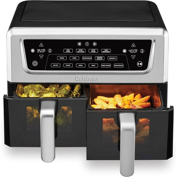 Dual Basket Air Fryer, Two Baskets 11 Qt in Total, 6 Functions: Air Fry, Roast, Bake, Broil, Dehydrate & Keep Warm, Features Sync Finish & Sync Settings, Toss Reminder & Auto-Pause