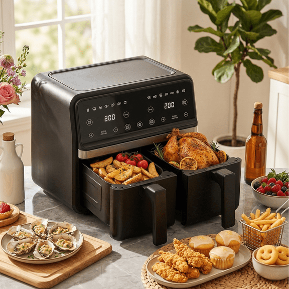 Dual Basket Air Fryer, XL Basket for 6 LB Whole Chicken, Double Stack Compact Design, 14-in-1 Functions with Reheat, Dehydrate, Black