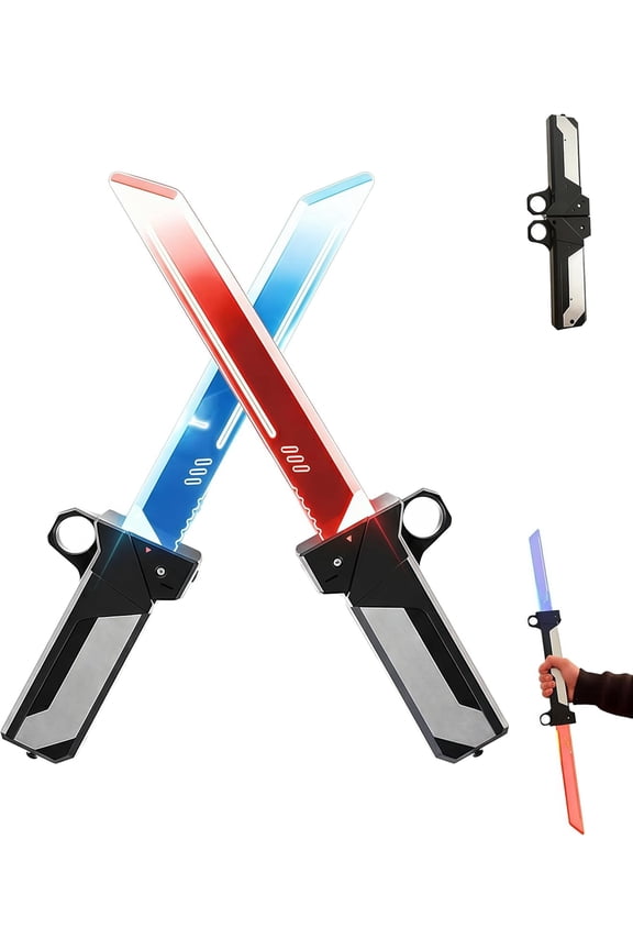 Dual-Blade Sword| Reversible Hilt 2-in-1 Red/Blue Light Sword| Swing-to-Extend Plug-in Retract Retractable Blade Fidget Toy Cosplay Prop & Collector’s Item Valentines Day Gifts for Him（1set）