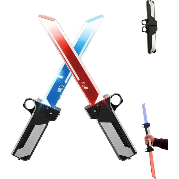 Dual-Blade Sword| Reversible Hilt 2-in-1 Red/Blue Light Sword| Swing-to-Extend Plug-in Retract Retractable Blade Fidget Toy Cosplay Prop & Collector’s Item Valentines Day Gifts for Him(1set)