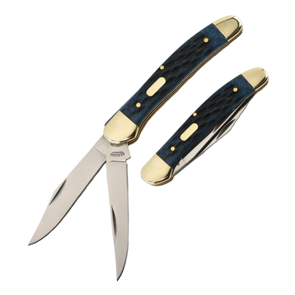 Dual Blades Hand Forged Folding Knife, Blue Cow Bone Handle Heavy Duty EDC Survival Gear for Camping Hiking, Gift for Outdoor Enthusiasts