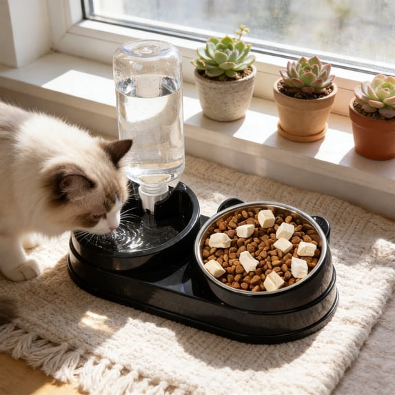 Dual Bowl Pet Feeder, 2-in-1 Raised Food & Water Bowl with Non-Slip Base, 15° Tilted Stainless Steel Bowls for Cats, Dogs, Flat Face Pets