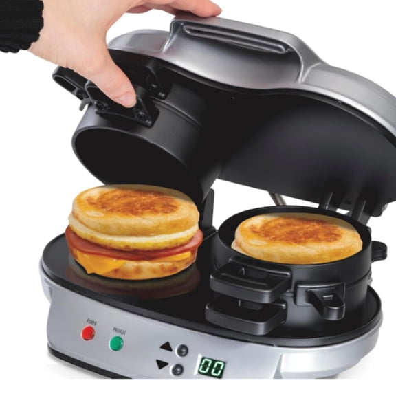 Dual Breakfast Sandwich Maker with Timer, Ready in 5 Minutes, Removable Dishwasher Safe PFAS-Free Non-Stick Egg Cooker Ring, Silver