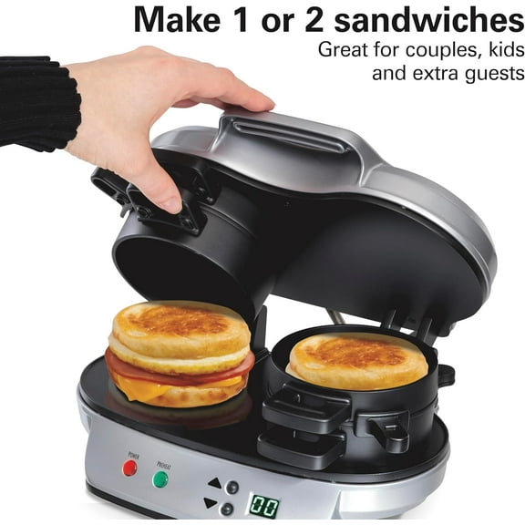 Dual Breakfast Sandwich Maker with Timer, Silver