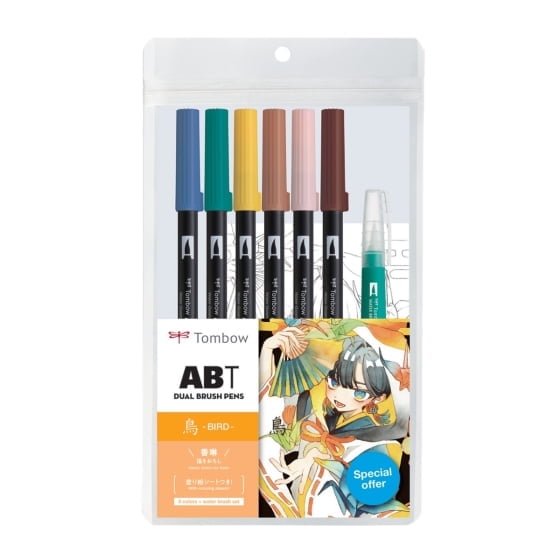 Tombow 72561 Dual Brush Pen Art Markers, Manga Illustration, Bird 6-Pack