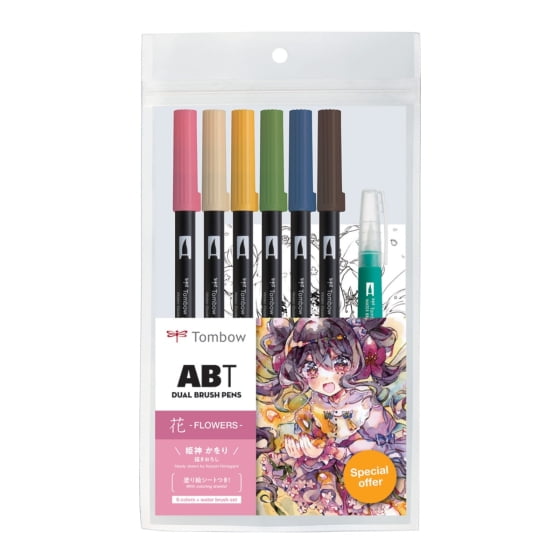 Tombow 72560 Dual Brush Pen Art Markers, Manga Illustration, Flower 6-Pack