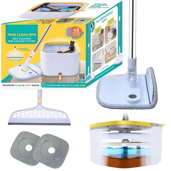 Dual Bucket 2.0 Spin Mop with Silicone Sweeper: Stainless Steel, Aluminum, Microfiber Materials