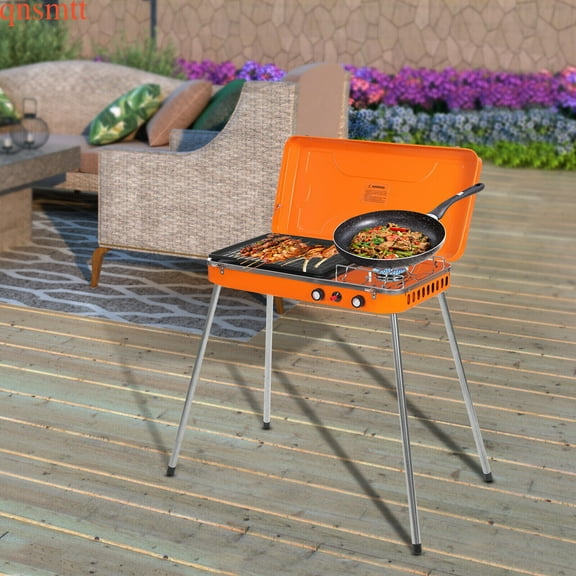 Dual Burner Gas Grill, 22.83 x 11.42 x 2.76in, Orange, 5860 BTU x 2, EN417 Gas Tank Compatible, Ideal for 3-7 People