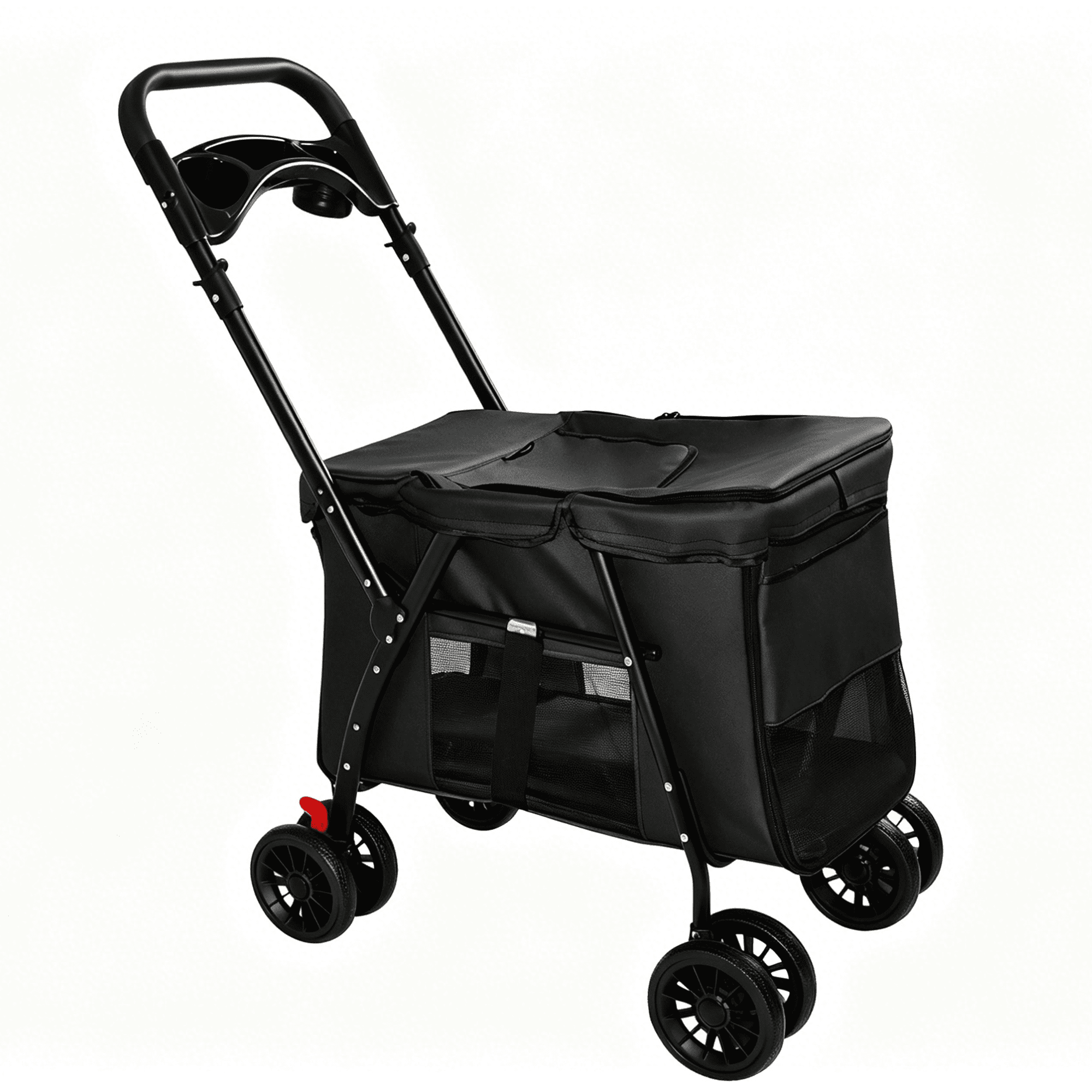 Dual-Button Foldable Pet Stroller Holds Up to 33 LBS, Breathable Mesh with Skylight & Multi-Zipper Doors, Shockproof Lockable Wheels, Storage Tray Safety Leashes for Small Medium Dogs Cats