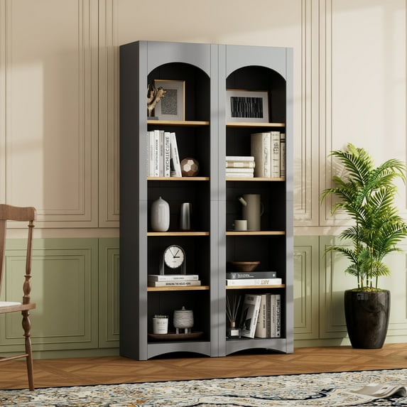 Dual Cabinet 72" Tall Adjustable Bookshelves Set, Freestanding Storage with Curved Panels, Grey Modern Design for Living Room & Office