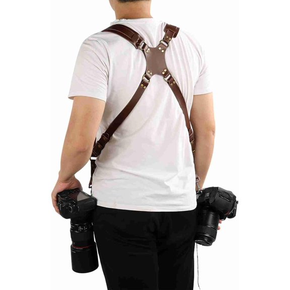 Dual Camera Harness & Rrtificial Leather Shoulder Strap Comfortable Carry for 2 Cameras, for Hiking, Weddings and Travel , Adjustable 1/4" Standard Screw Compatibility (Shoulder Width: 13"-20")