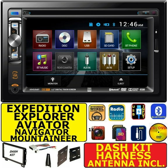 Dual Car In-Dash Unit with Bluetooth, USB, SD, AUX, CD/DVD, for Ford Expedition, Explorer, Lincoln